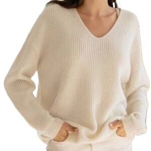 Jenni Kayne Cashmere Wool Ivory Shaker Stitch V-Neck Pullover Cabin Swea…